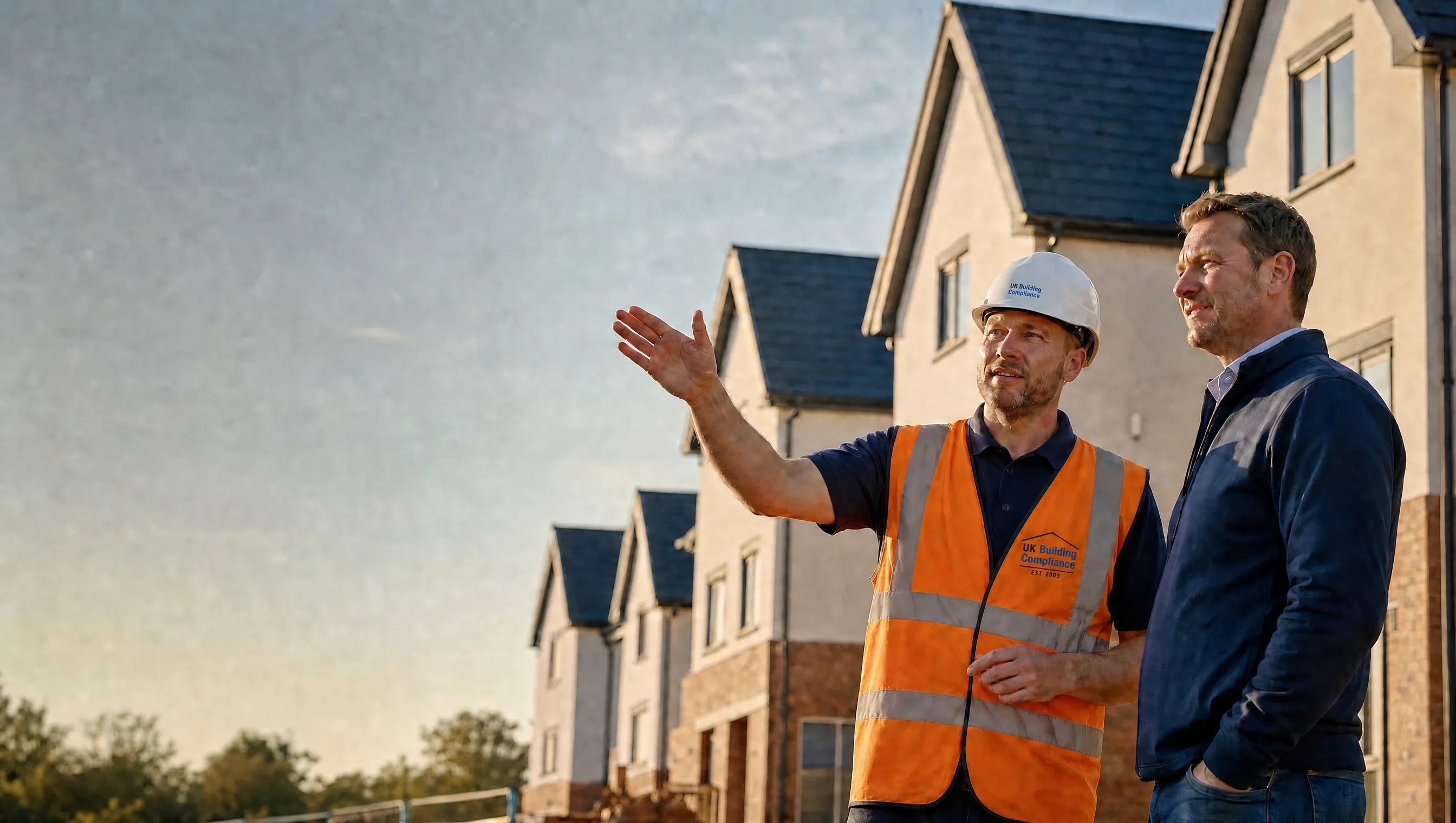 UK Building Compliance professional walking a property developer through a row of completed new-build homes