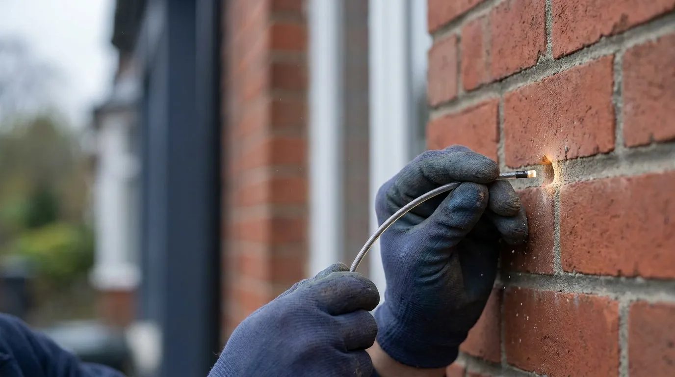 Surveyor inserting a fibre-optic borescope probe into a cavity wall
