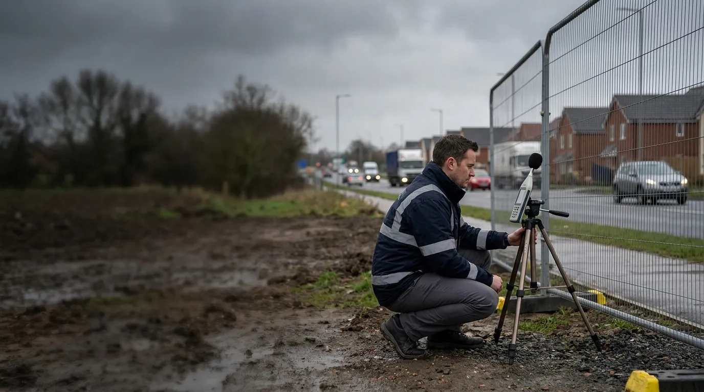 Acoustic engineer with sound level meter carrying out a noise survey on a development site