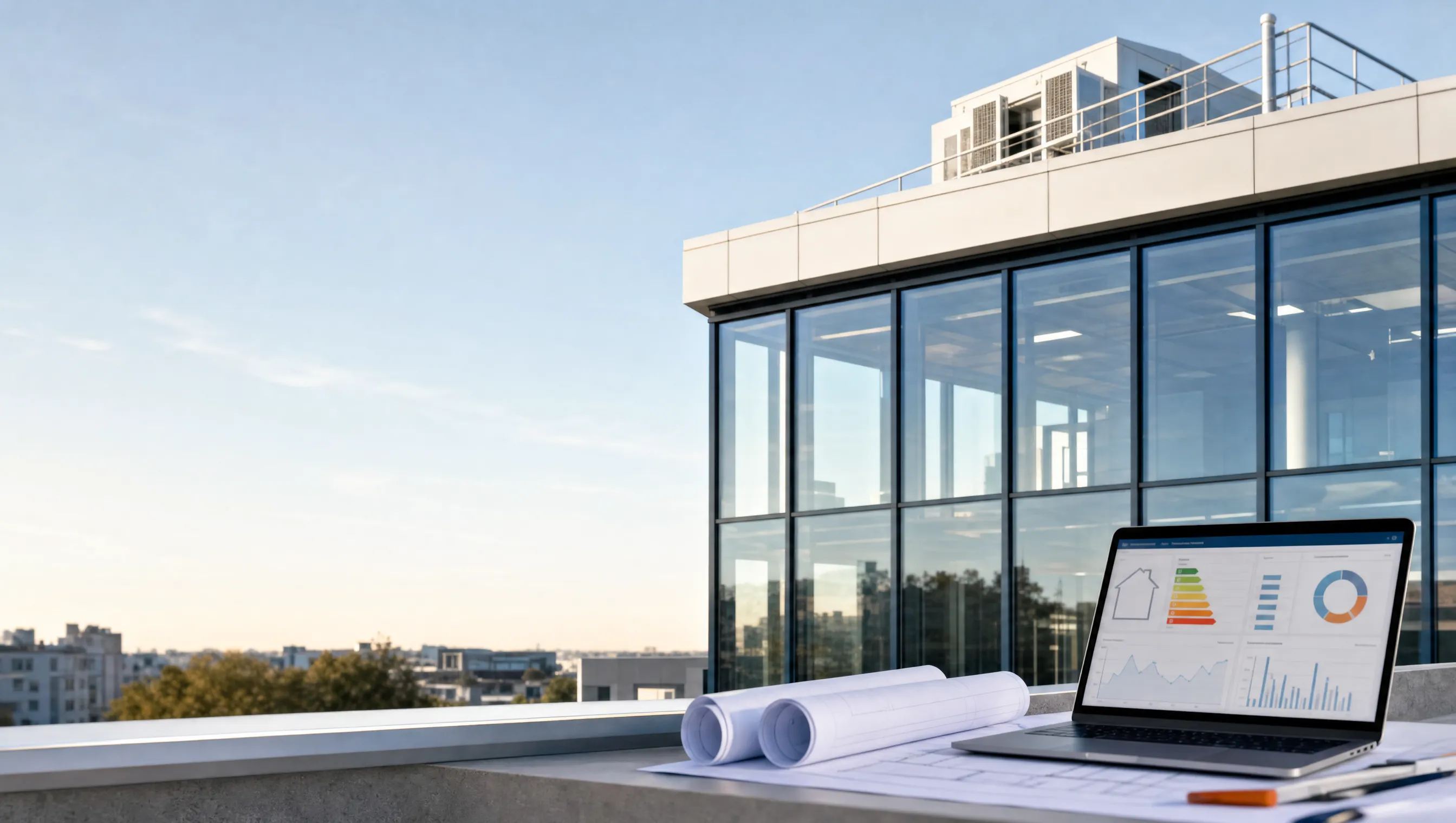 Modern commercial building with rooftop plant
