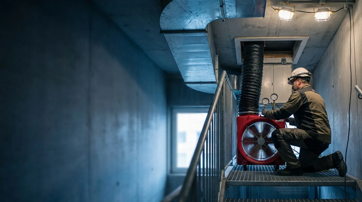 Engineer testing a smoke shaft with blower-door equipment in a high-rise development