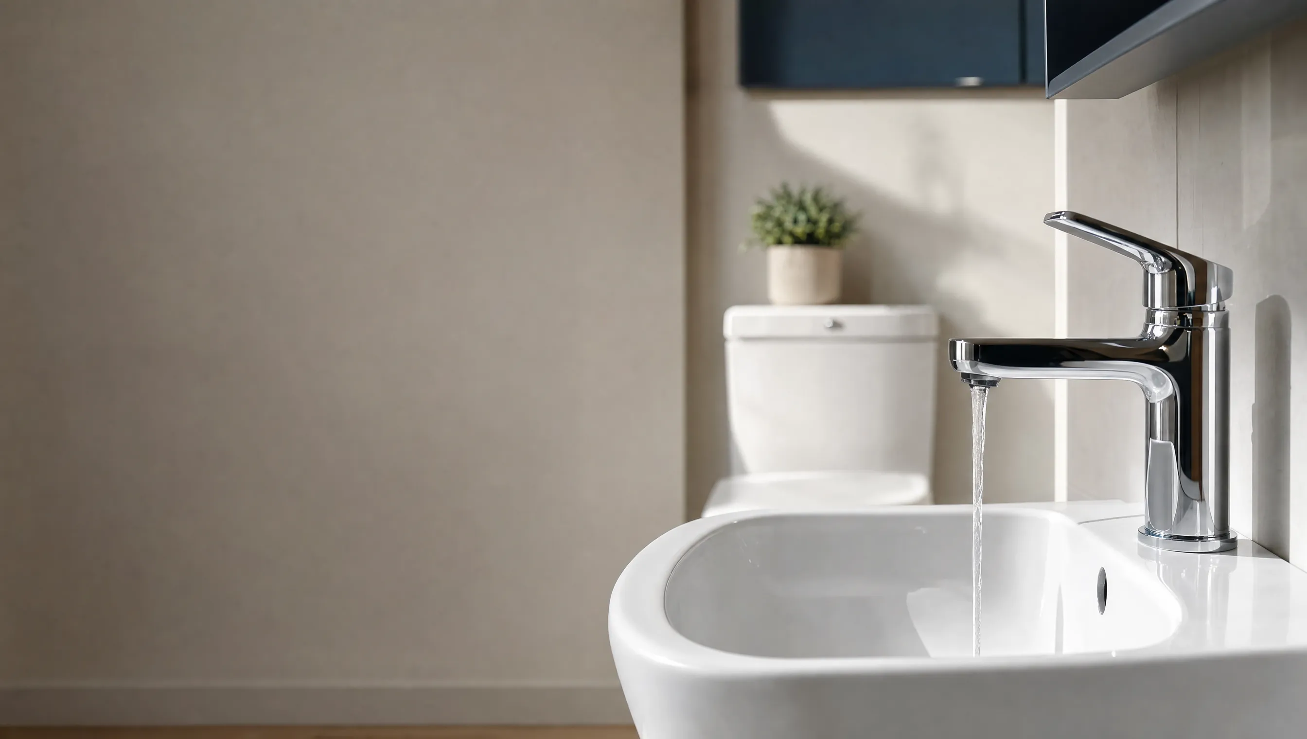 Low-flow tap running into a modern basin