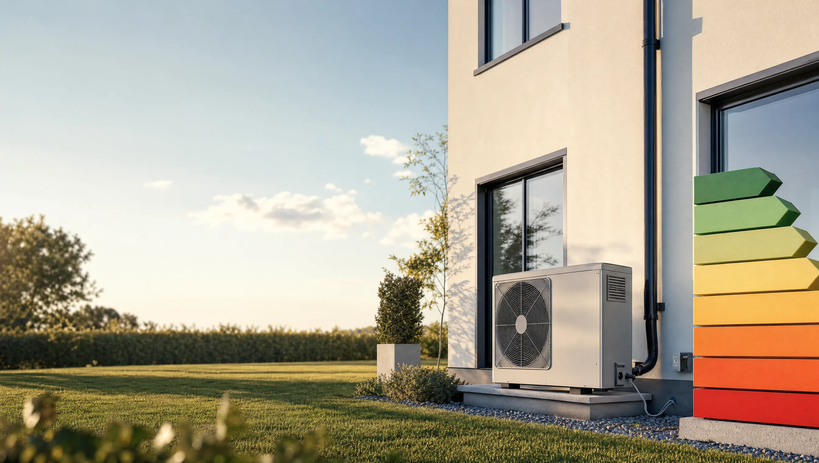 Energy-efficient home with heat pump and energy rating scale