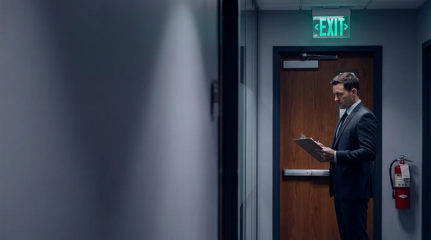 Fire safety assessor inspecting escape routes and fire doors in a commercial building