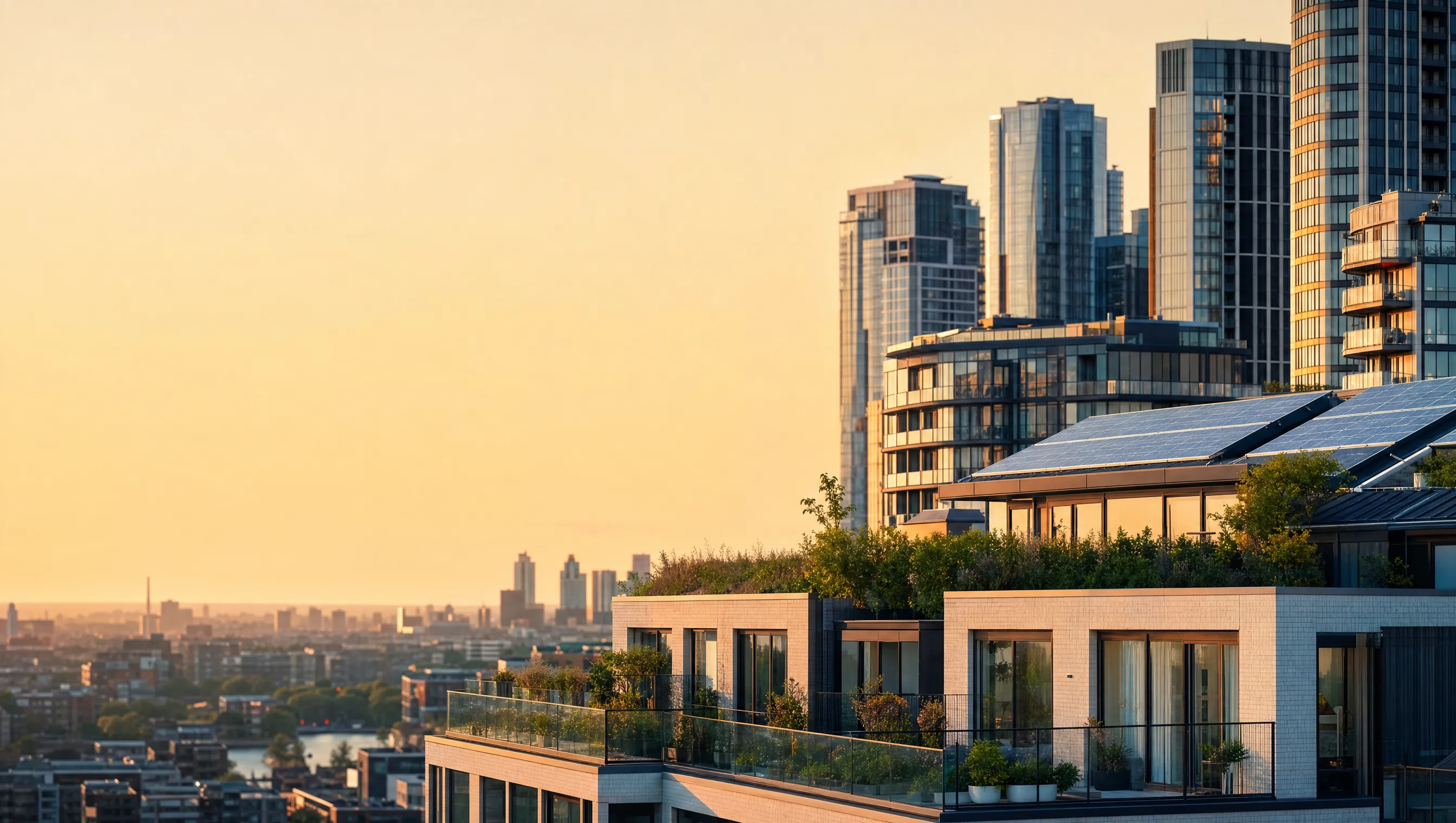 London skyline with rooftop solar at golden hour