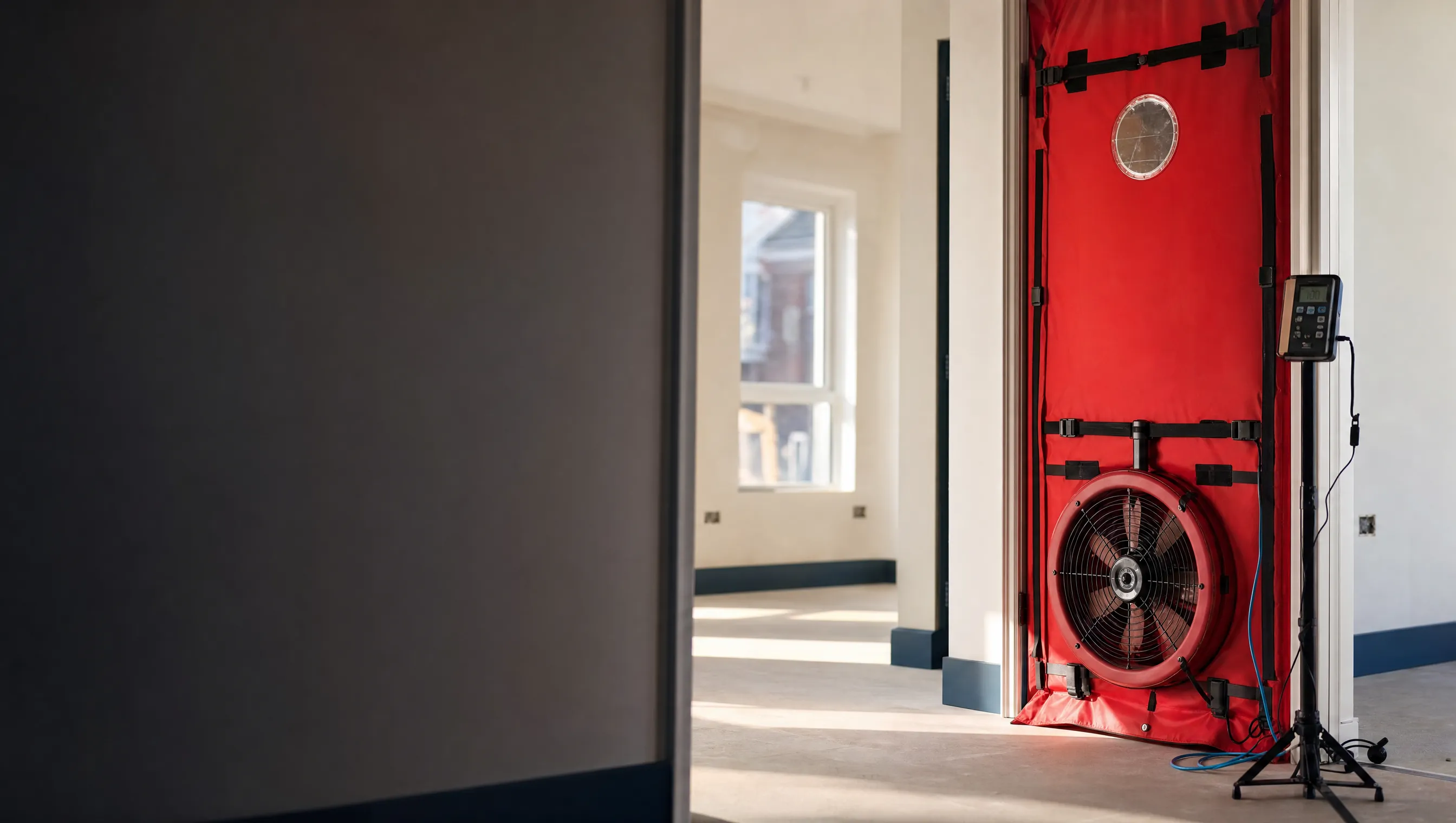 Blower door air tightness test in a new-build doorway
