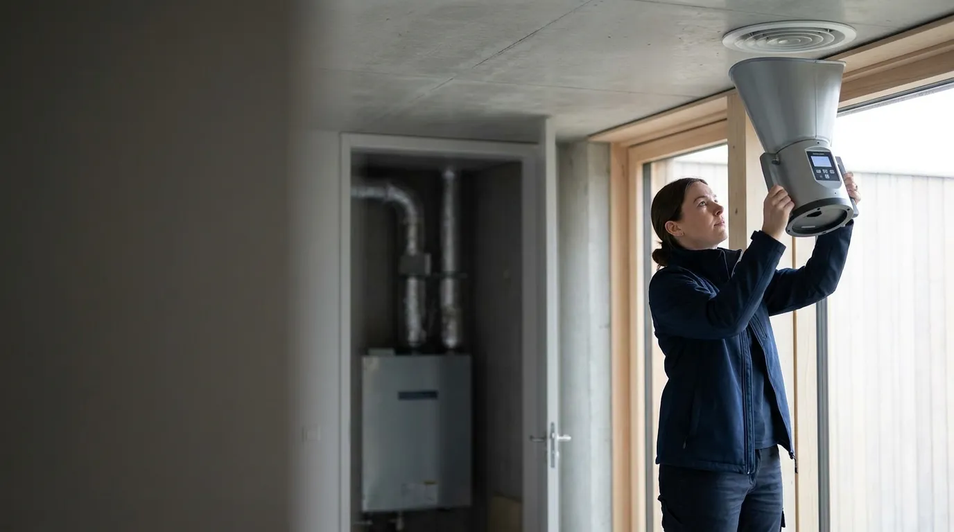 Engineer commissioning an MVHR unit — measuring airflow at a ceiling terminal