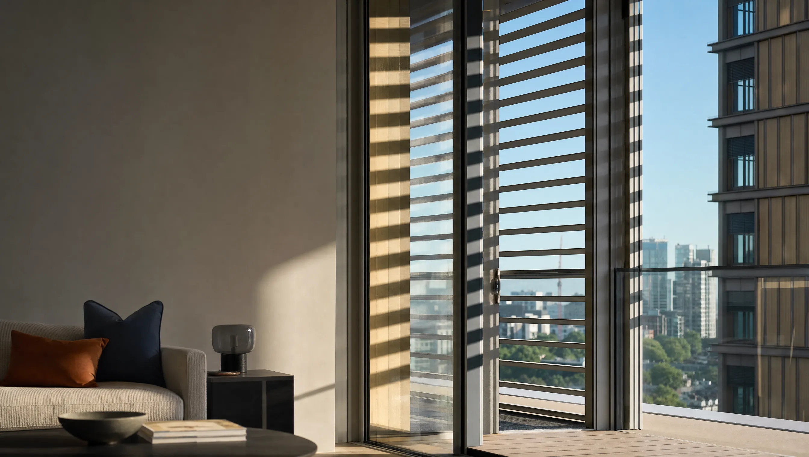 Sunlit apartment with external solar shading fins
