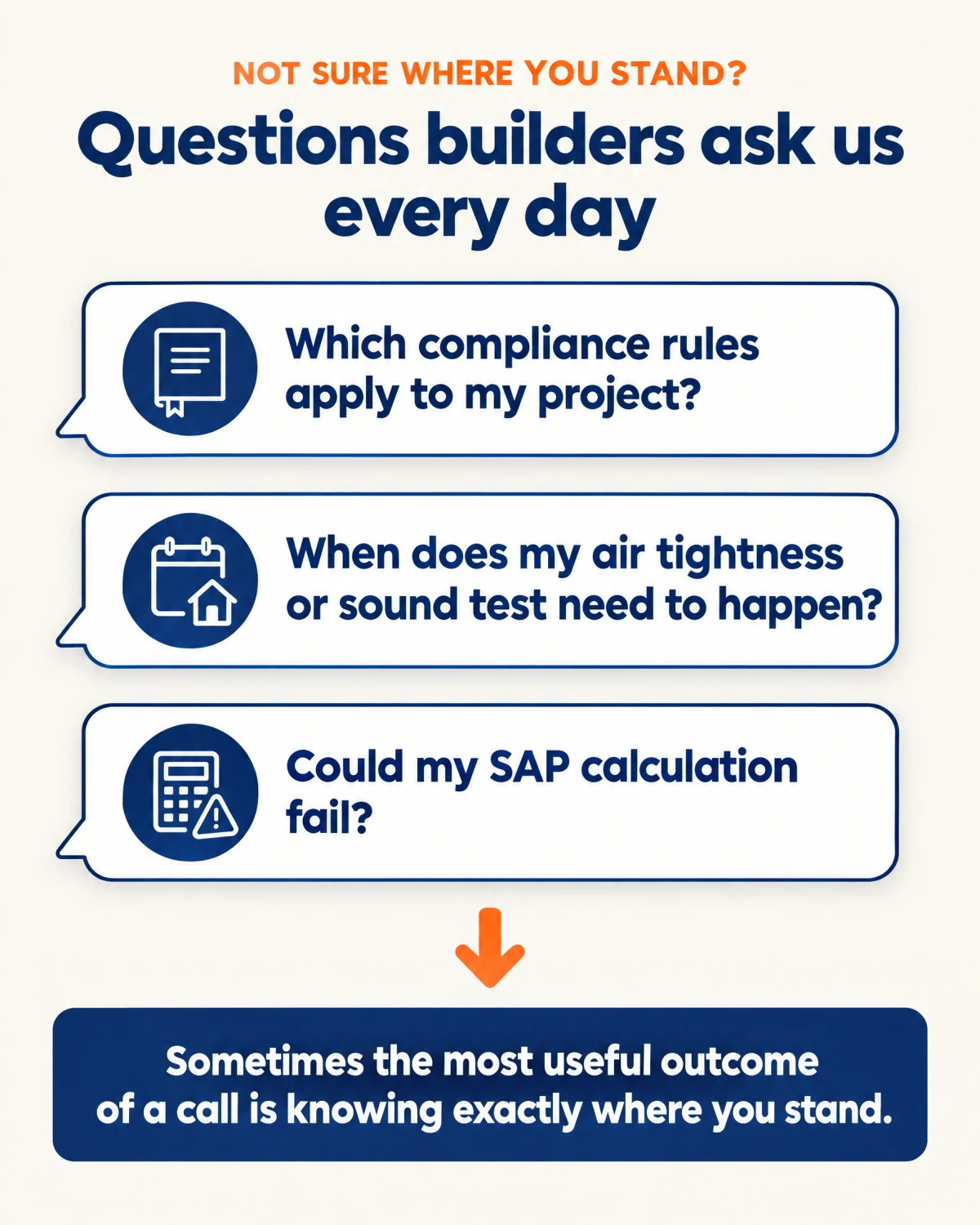 Questions builders ask UKBC every day: which compliance rules apply to my project, when does my air tightness or sound test need to happen, and could my SAP calculation fail