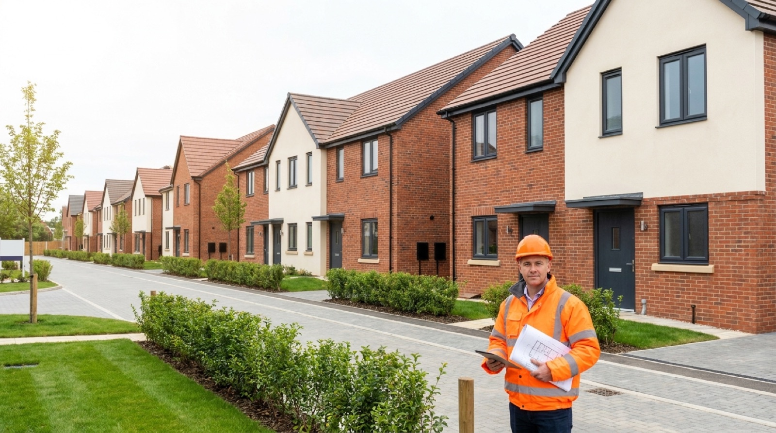 A UK Building Compliance surveyor reviewing plans on a completed new-build residential development