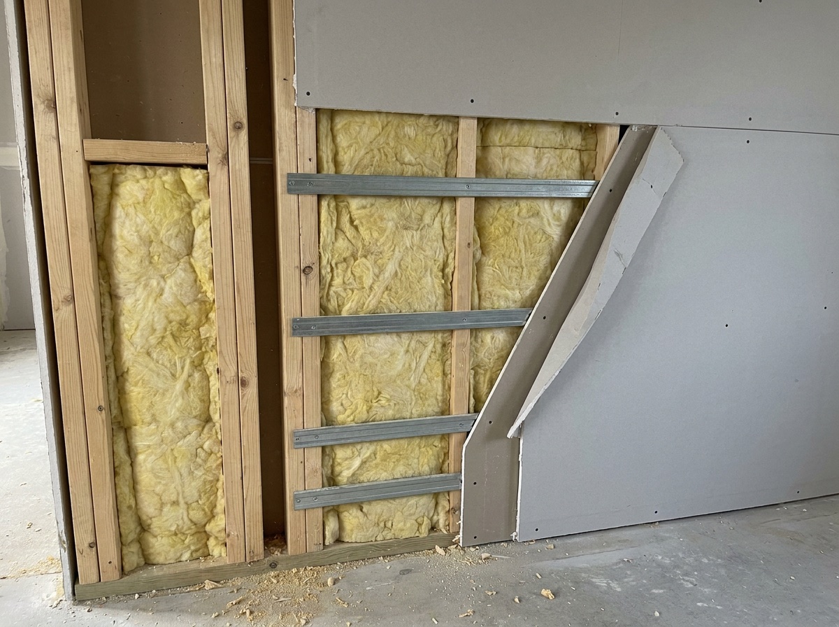 Acoustic party wall build-up showing insulation, resilient bars and plasterboard layers