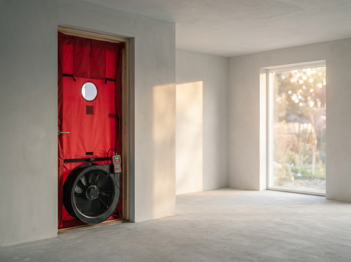 Red blower-door air-tightness test rig sealed into a doorway of a new-build home