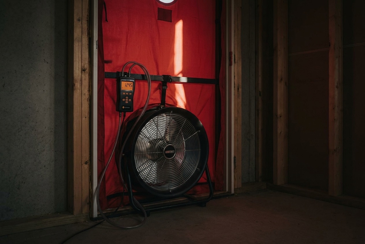 Blower door air-tightness test equipment set up on site