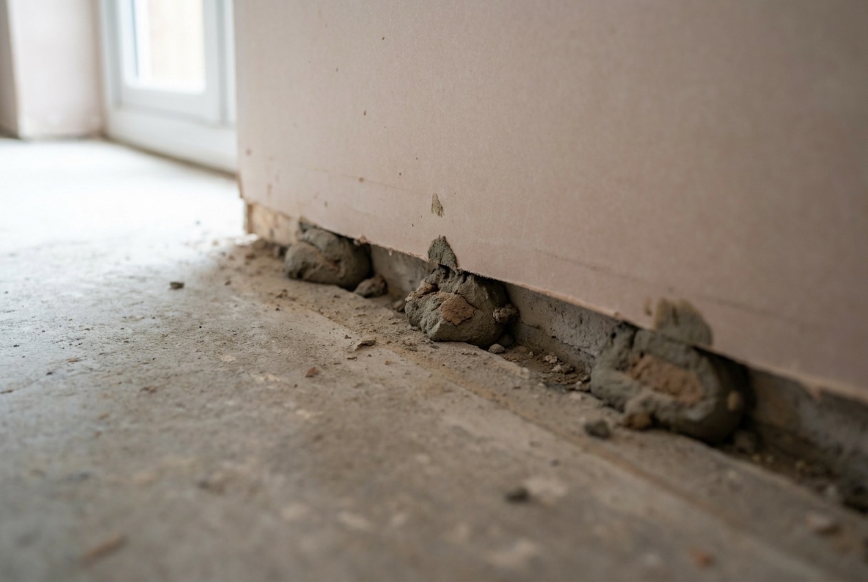 Gap at floor-wall junction behind skirting board