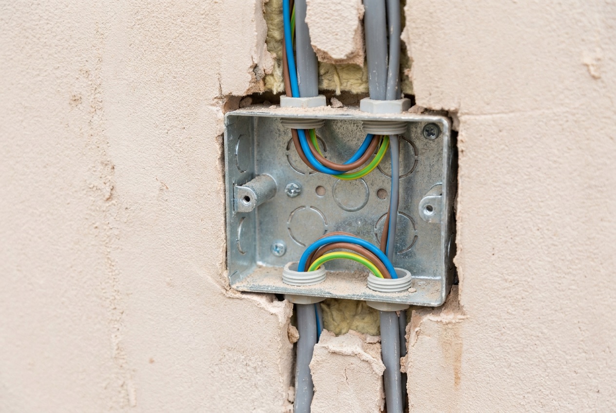 Electrical back box on external wall showing gaps around cables