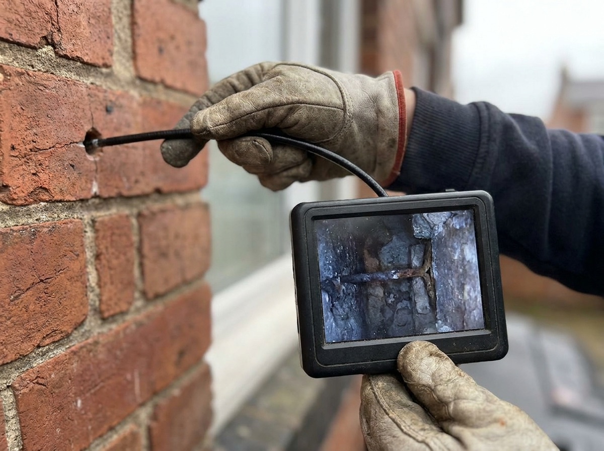 Borescope probe inspecting a wall cavity through a small access hole