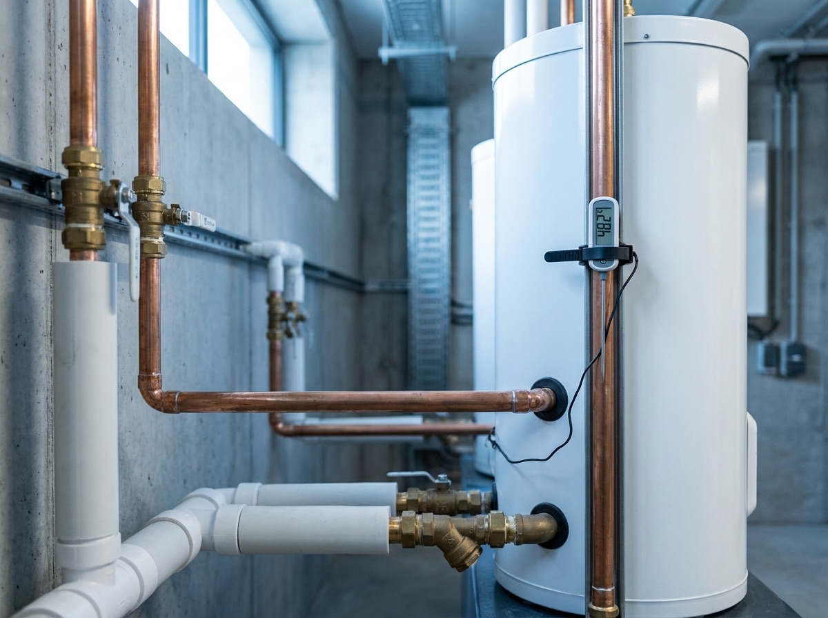 Water system pipework being checked during a Legionella risk assessment