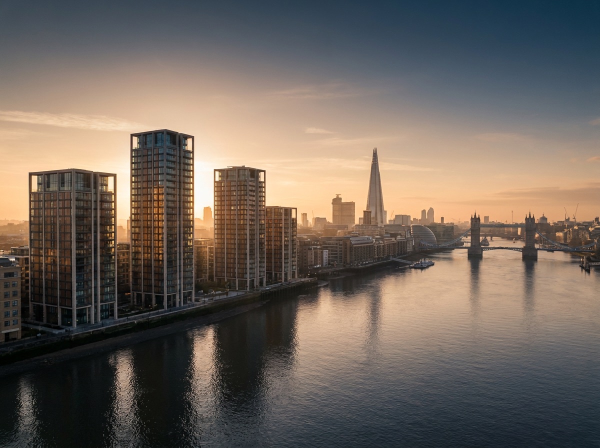 London skyline with modern residential development along the River Thames