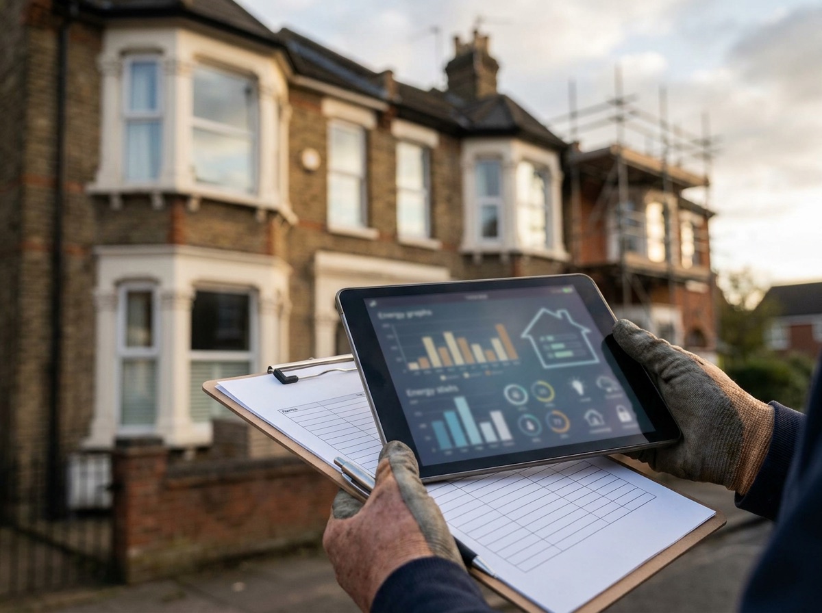 Retrofit assessor surveying an older home for energy upgrades