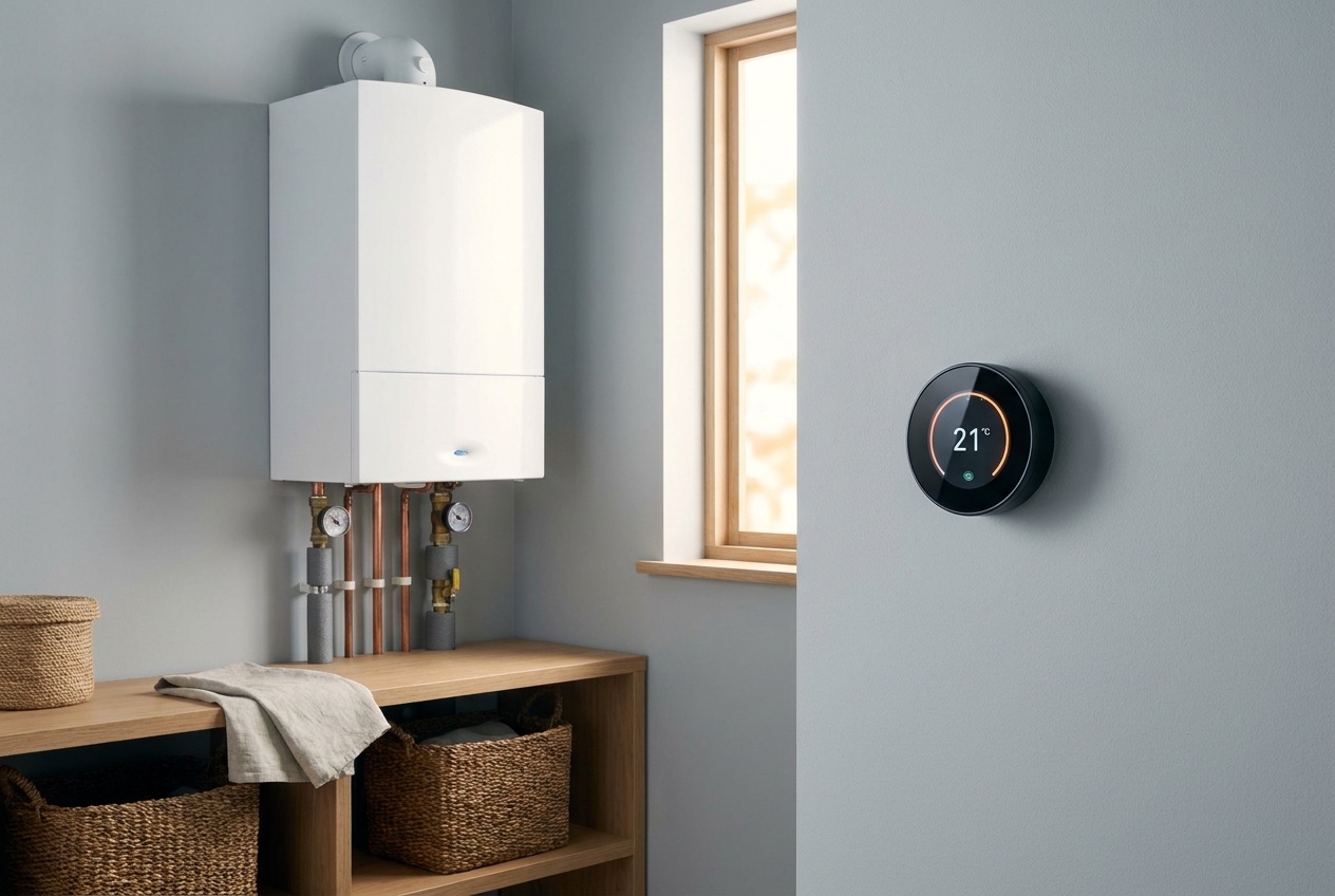 Modern boiler with smart thermostat controls on a wall