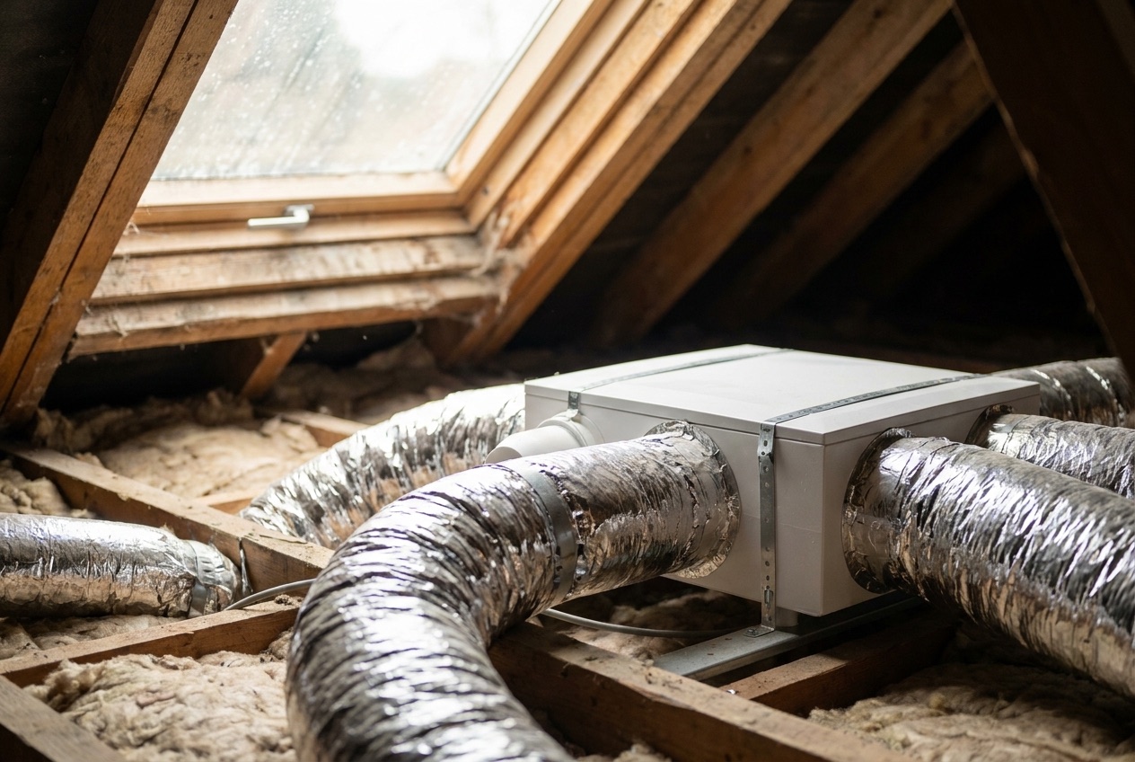 MVHR unit installed in roof space with visible ductwork