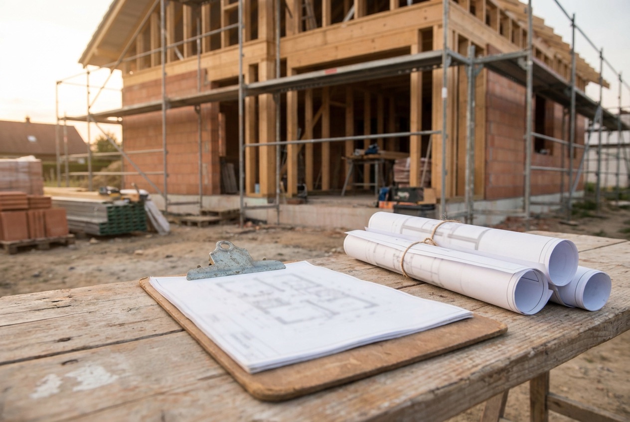 Site construction documents being reviewed against building progress