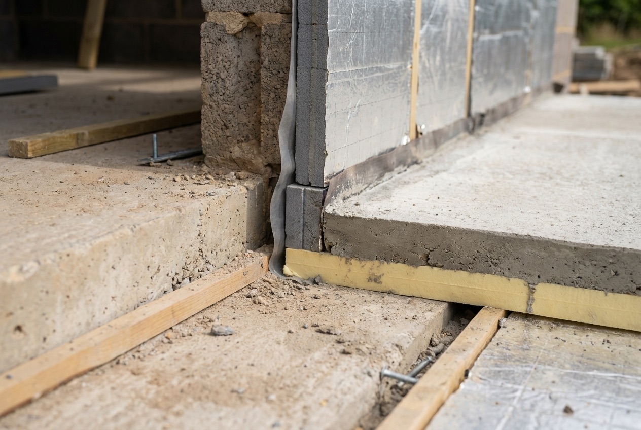 Floor-wall junction detail showing potential thermal bridge path