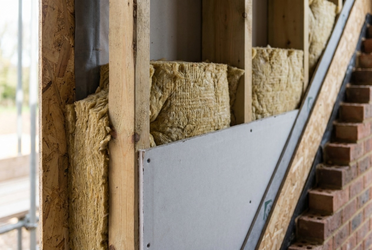 Wall construction showing insulation with visible thermal bridging through timber studs