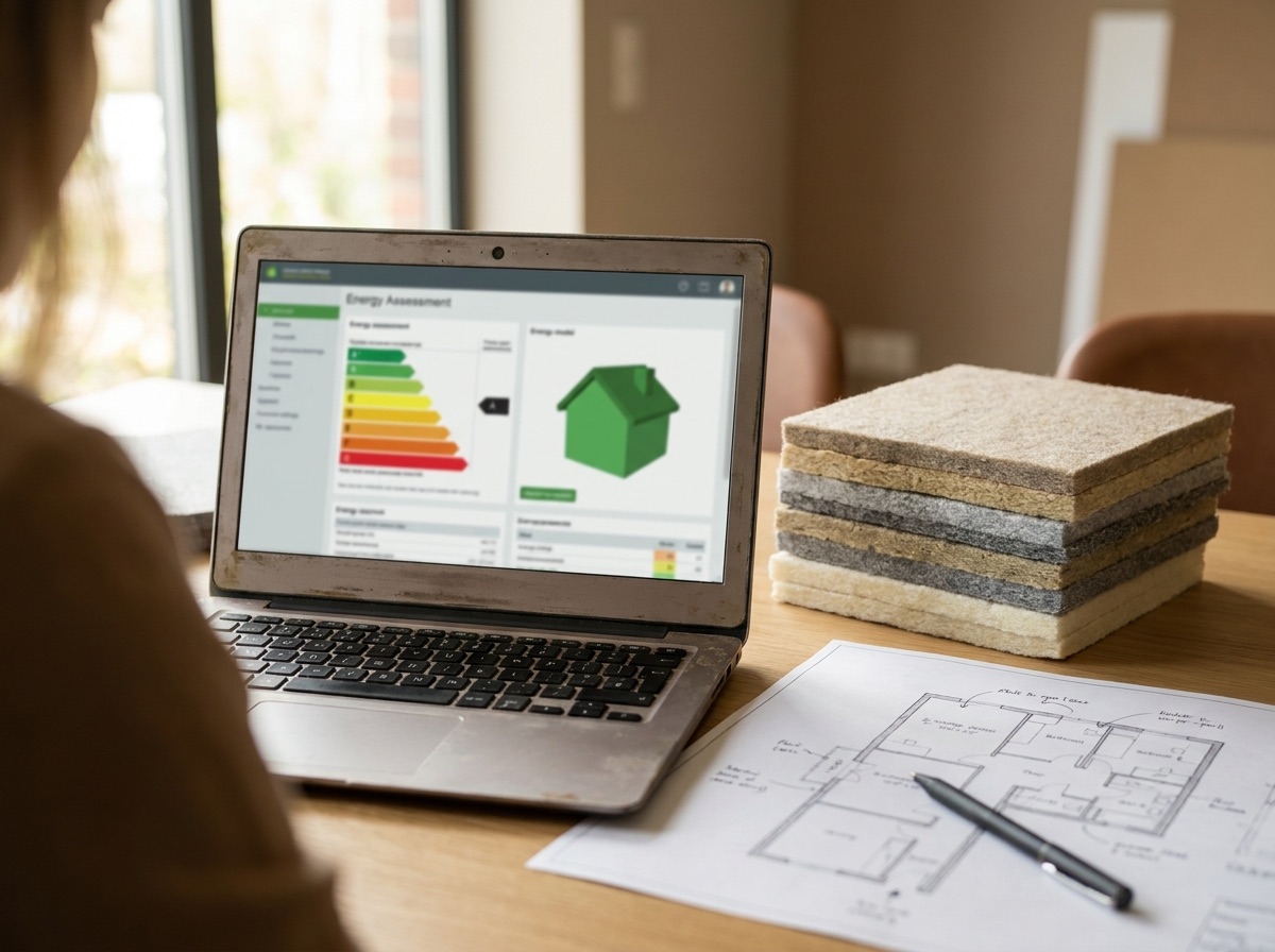 SAP energy assessor reviewing new-build drawings and energy performance software