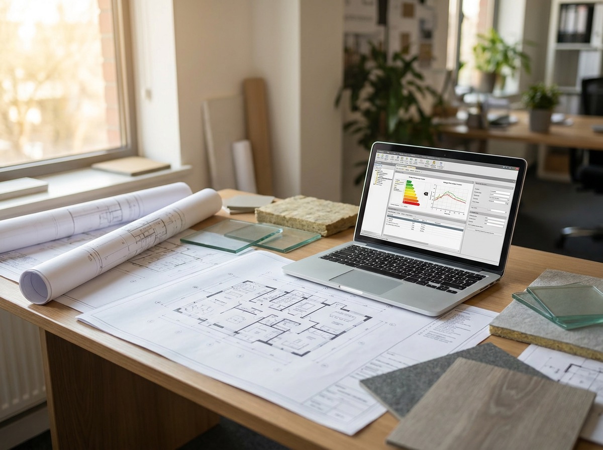 Energy assessor reviewing commercial building drawings and SBEM software