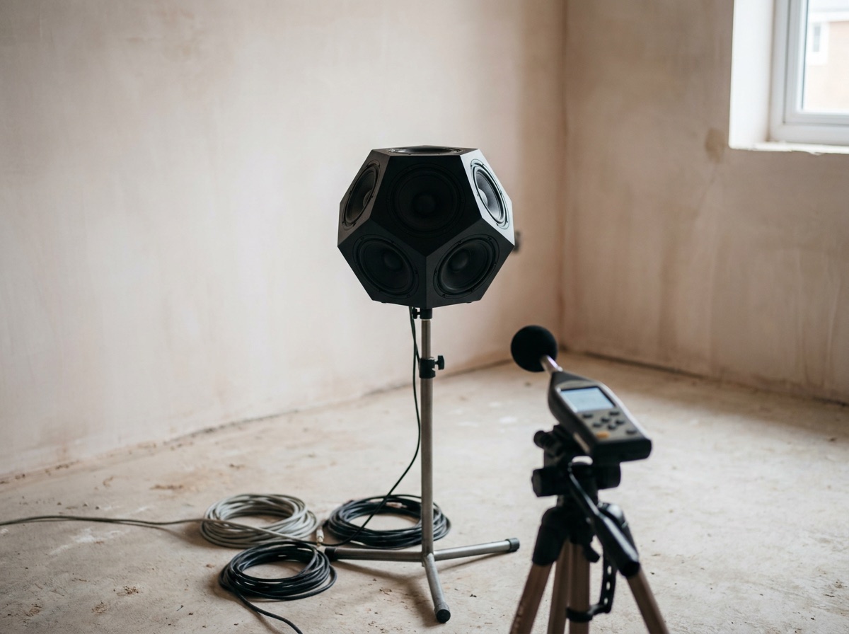 Sound insulation test equipment set up in an empty new-build room