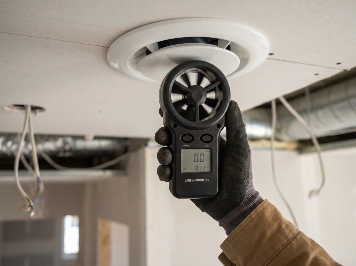 Anemometer measuring airflow at a ceiling ventilation extract valve